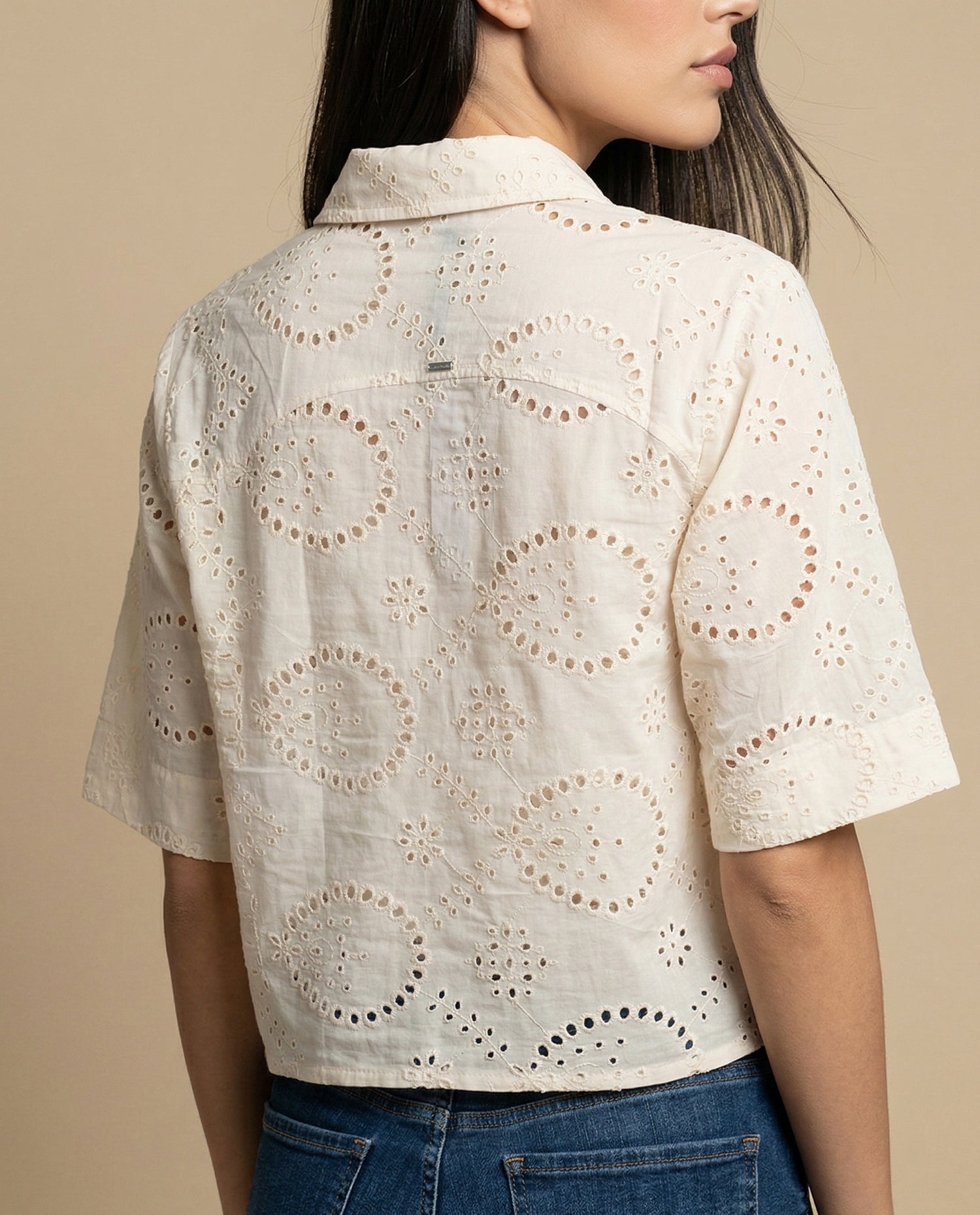 Camisa tejido con textura manga 3/4 cuello camisero - Amarillo