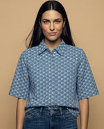 Camisa tejido con textura manga 3/4 cuello camisero - Azul