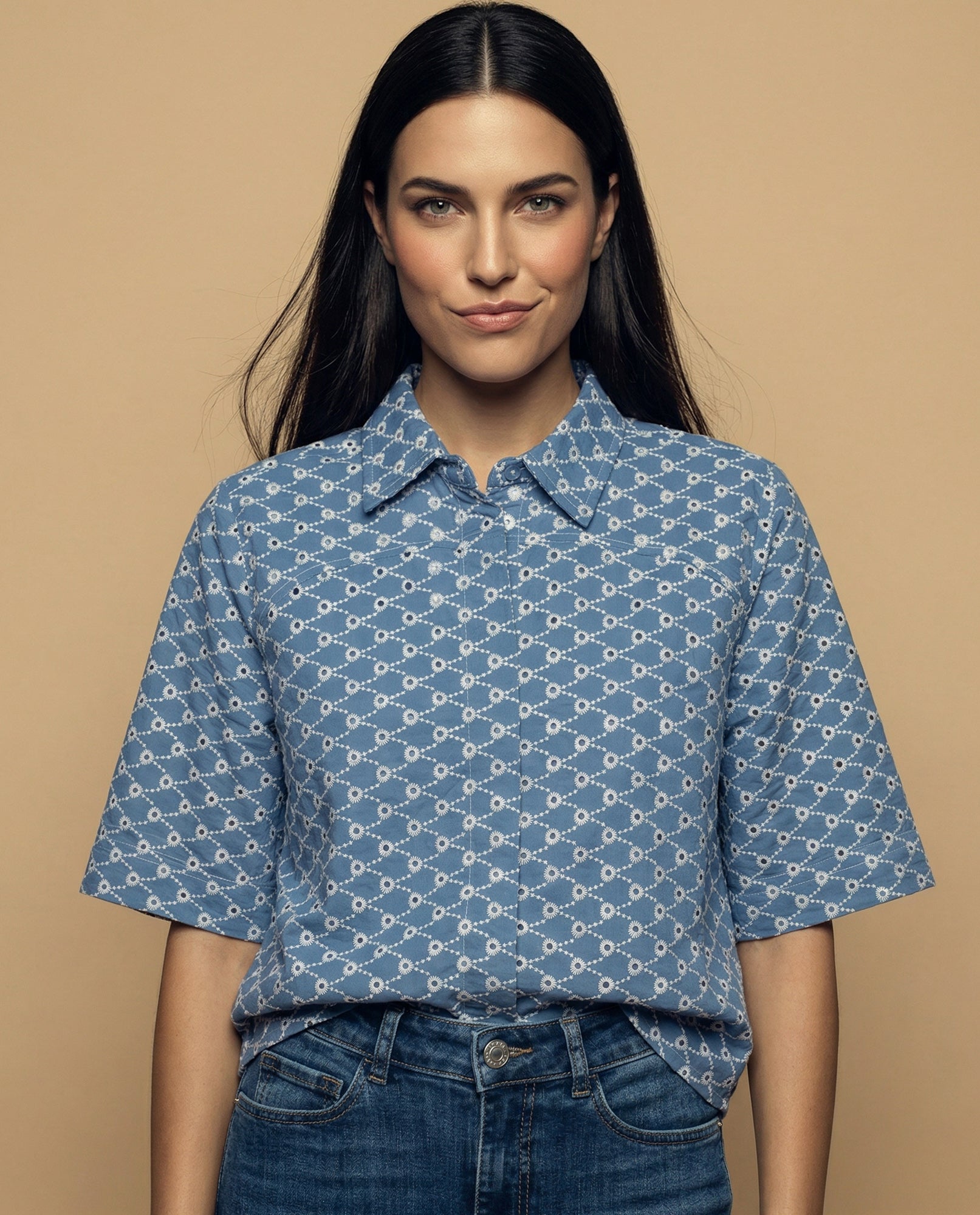 Camisa tejido con textura manga 3/4 cuello camisero - Azul 34_912H013_AZU173918_0