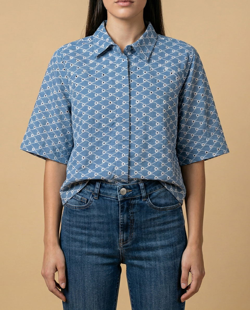 Camisa tejido con textura manga 3/4 cuello camisero - Azul 34_912H013_AZU173918_3