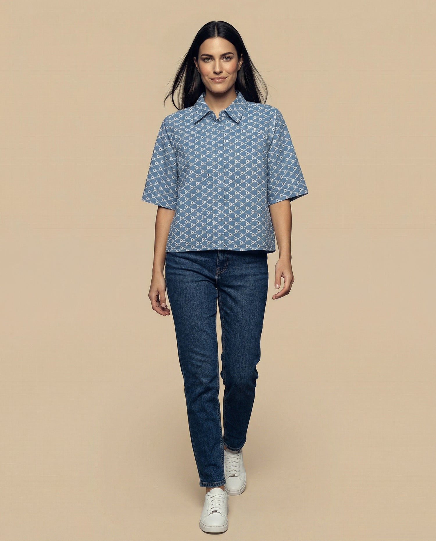 Camisa tejido con textura manga 3/4 cuello camisero - Azul