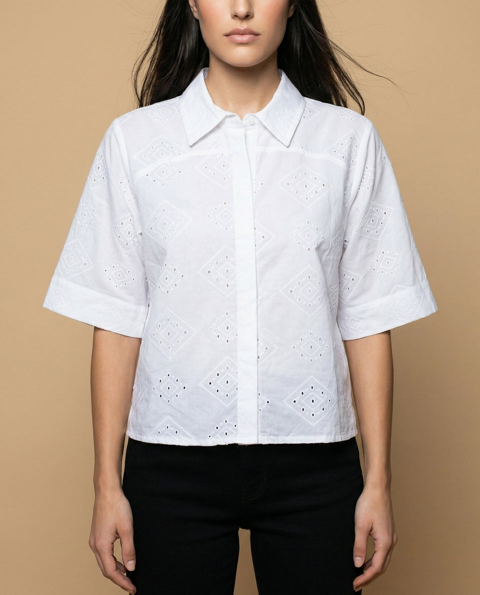 Camisa tejido con textura manga 3/4 cuello camisero - Blanco 34_912H013_BLA114001_3