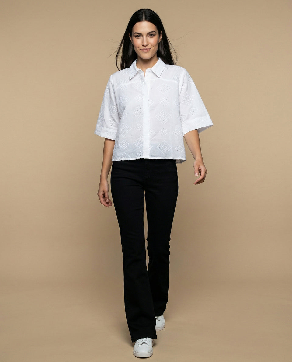 Camisa tejido con textura manga 3/4 cuello camisero - Blanco 34_912H013_BLA114001_5
