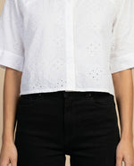 Camisa tejido con textura manga 3/4 cuello camisero - Blanco
