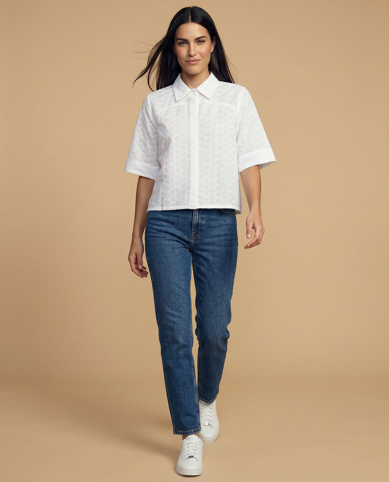 Camisa tejido con textura manga 3/4 cuello camisero - Blanco 34_912H013_BLA114202_5