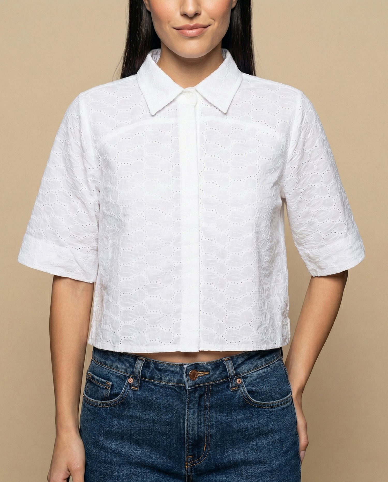 Camisa tejido con textura manga 3/4 cuello camisero - Blanco