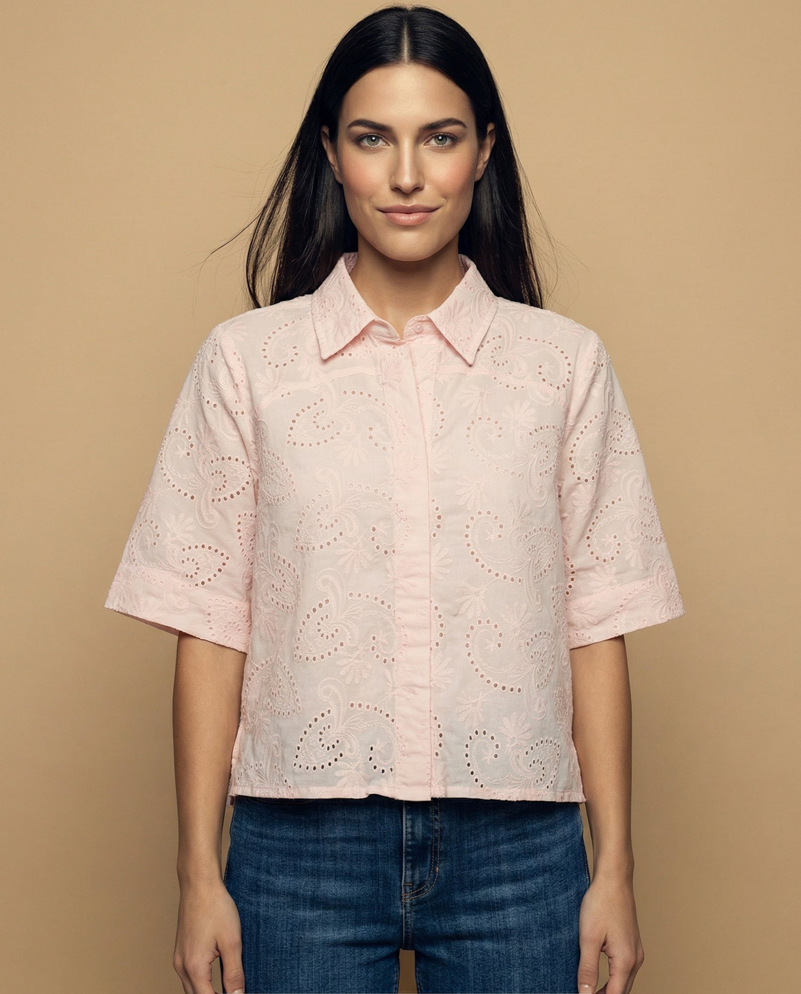 Camisa tejido con textura manga 3/4 cuello camisero - Rosa 34_912H013_ROS131520_0