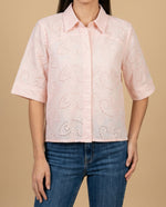 Camisa tejido con textura manga 3/4 cuello camisero - Rosa