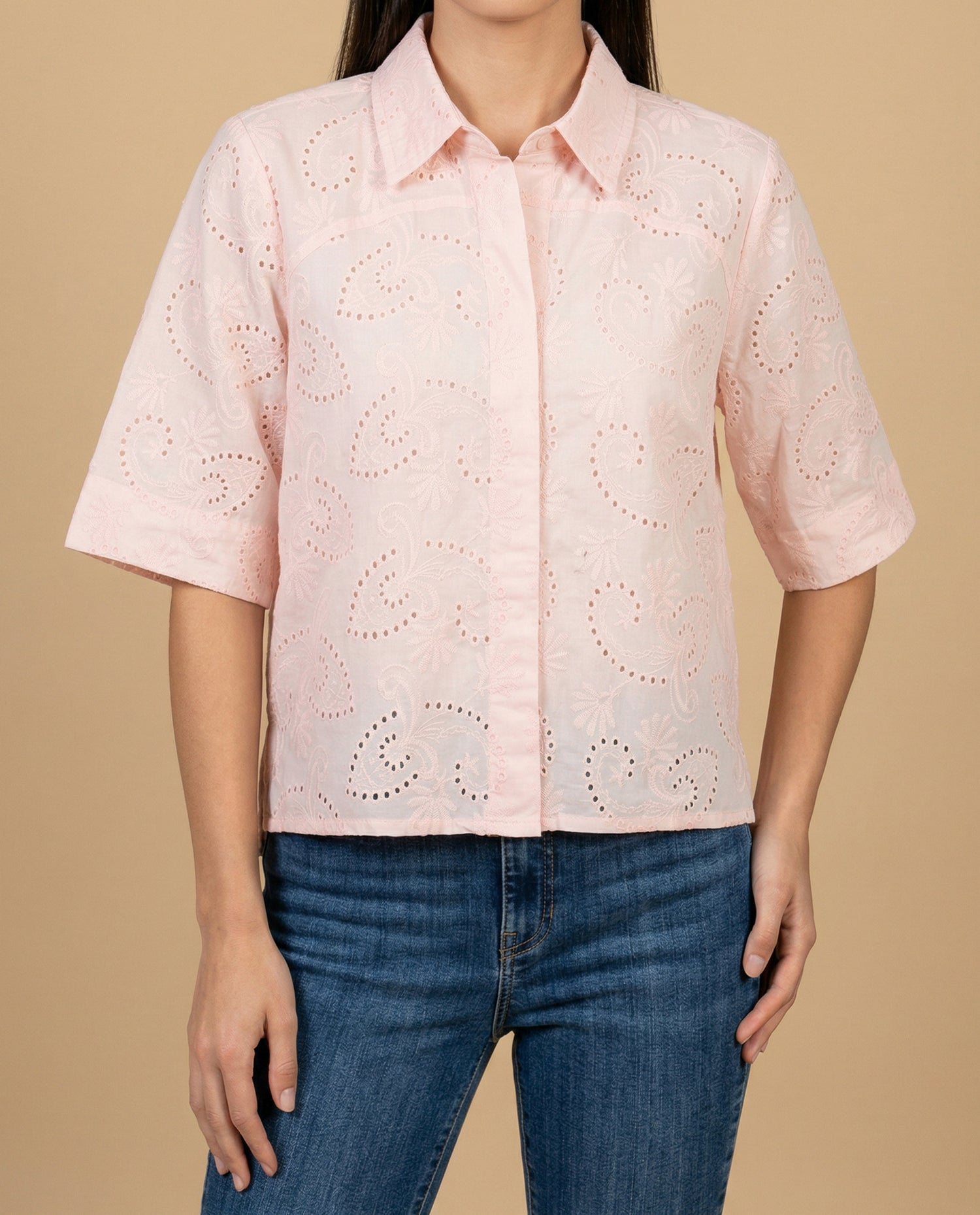 Camisa tejido con textura manga 3/4 cuello camisero - Rosa