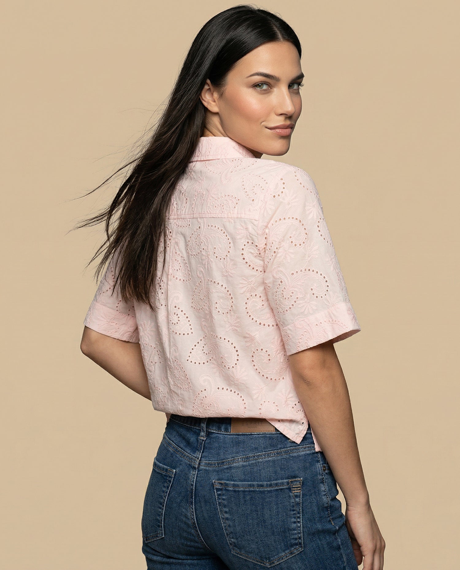 Camisa tejido con textura manga 3/4 cuello camisero - Rosa