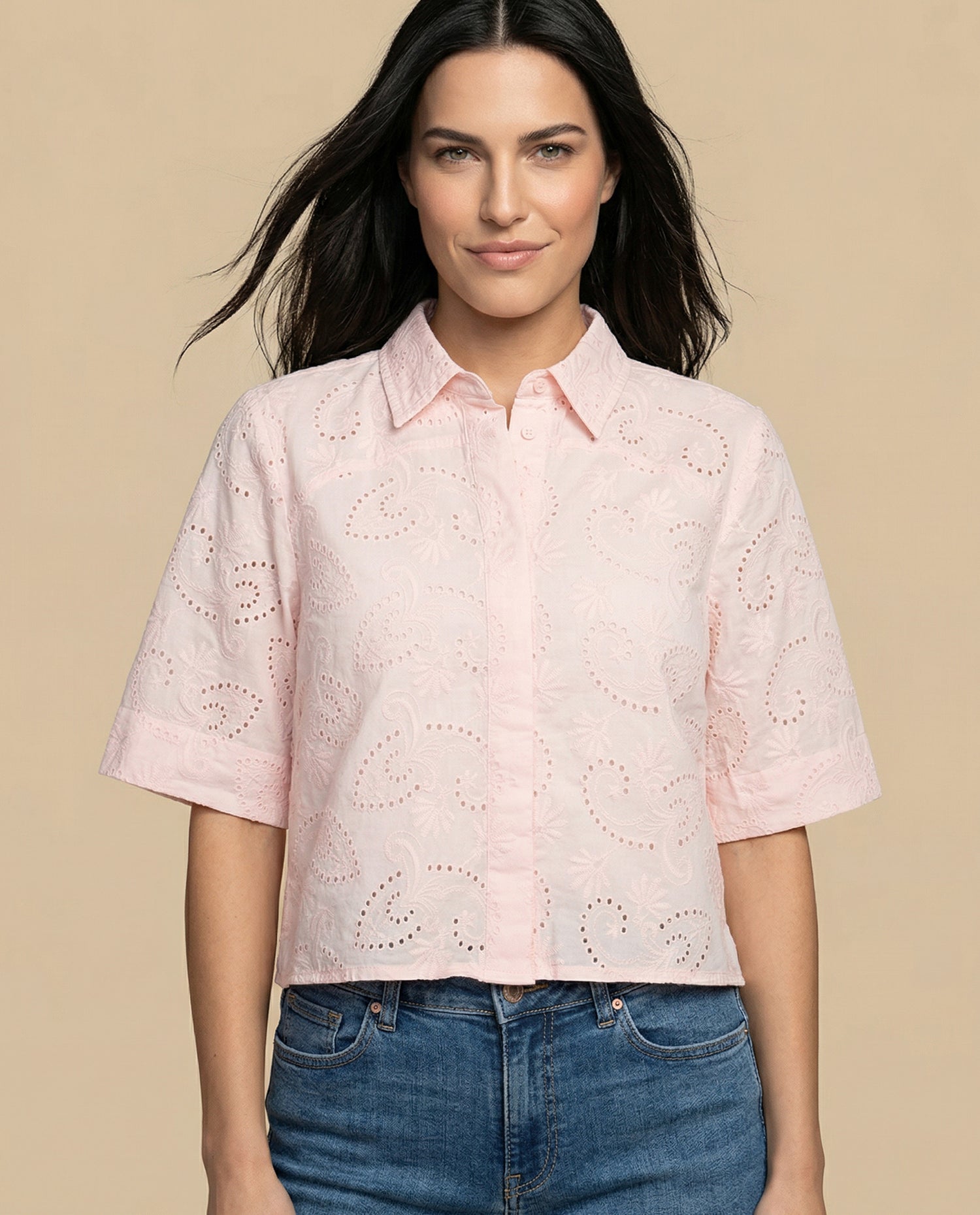 Camisa tejido con textura manga 3/4 cuello camisero - Rosa