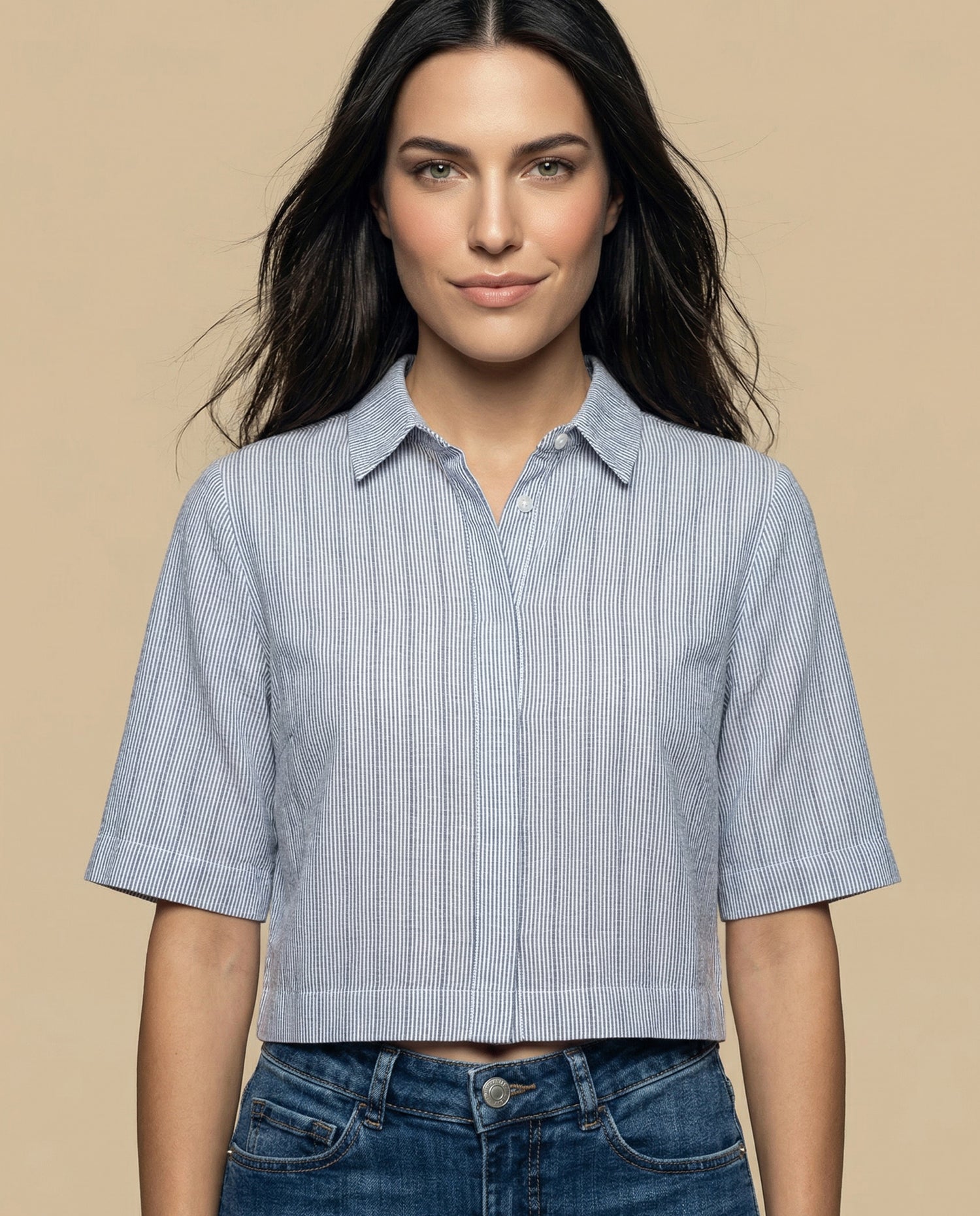 Camisa manga 3/4 cuello camisero - Azul
