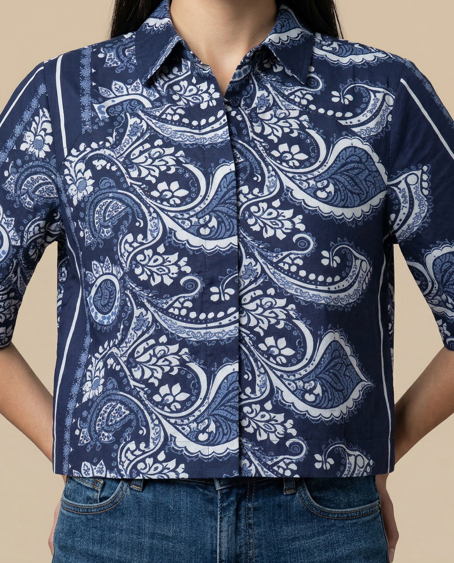Camisa manga 3/4 cuello camisero - Azul