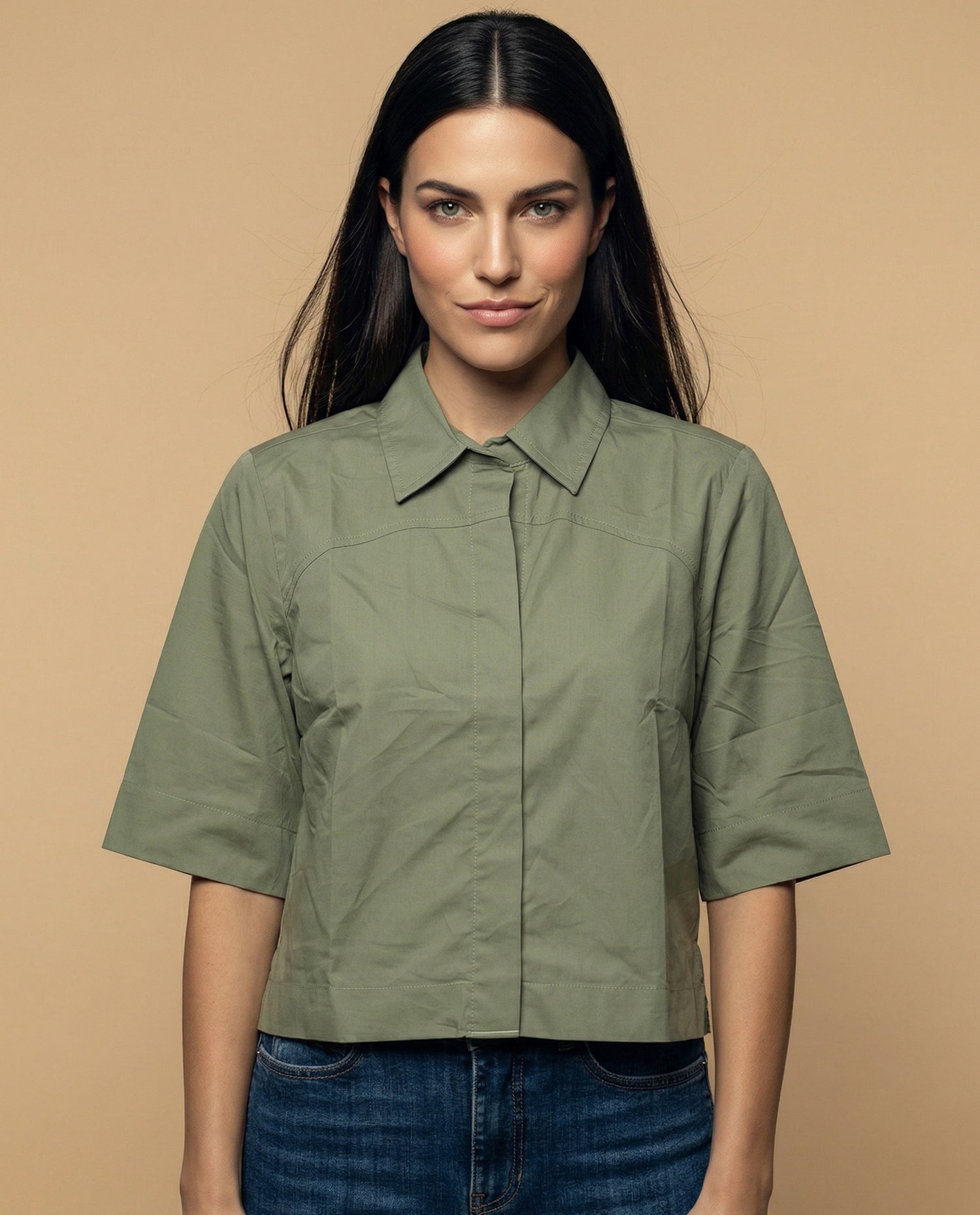 Camisa manga 3/4 cuello camisero - Verde