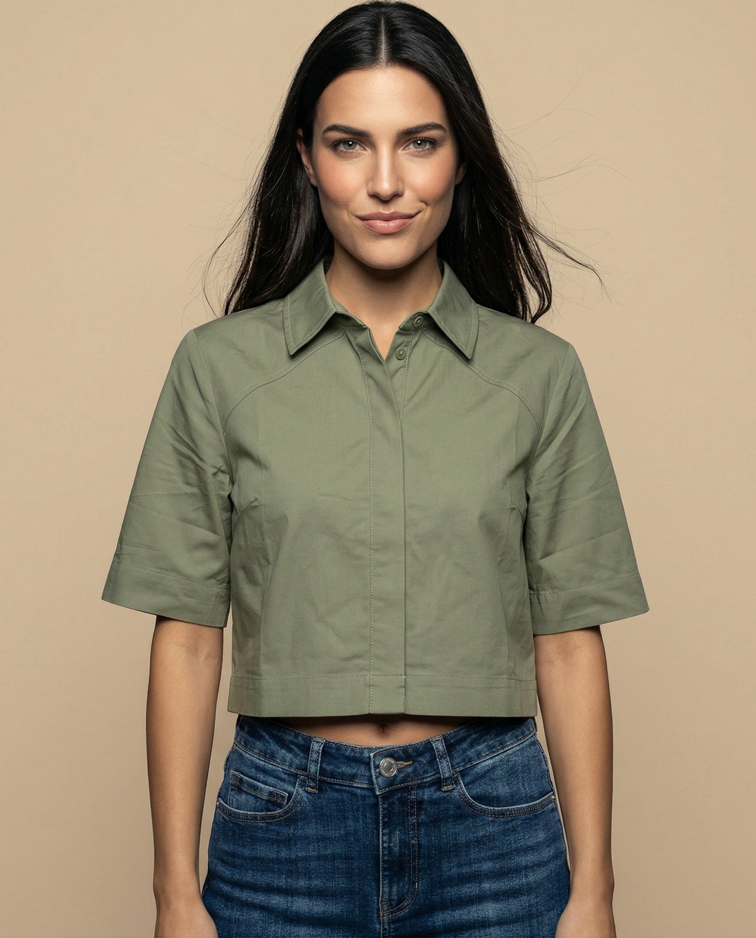 Camisa manga 3/4 cuello camisero - Verde