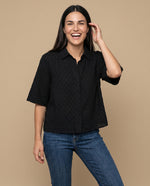 Camisa denim bordada manga 3/4 - Negro