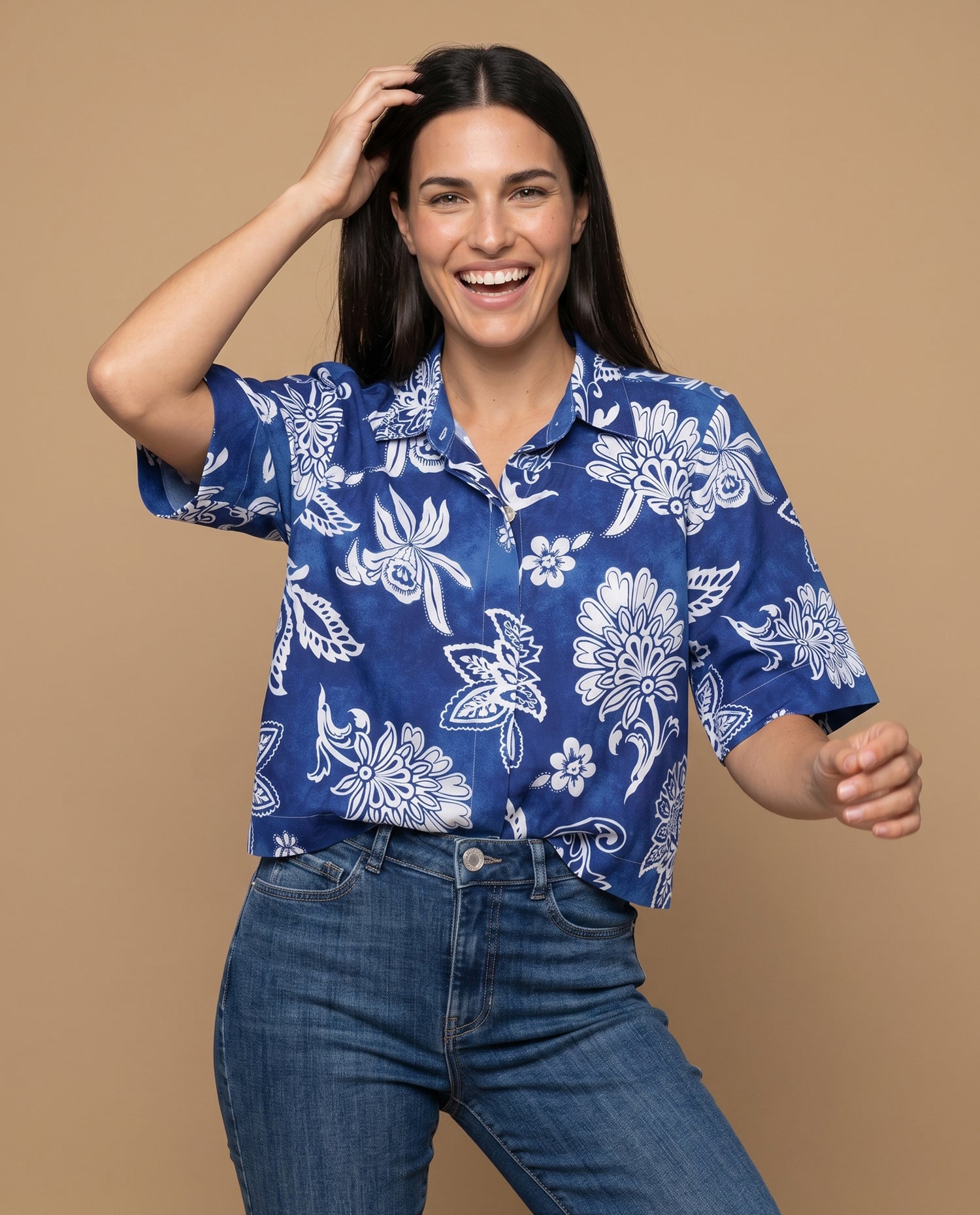 Camisa manga larga floral viscosa - Azul