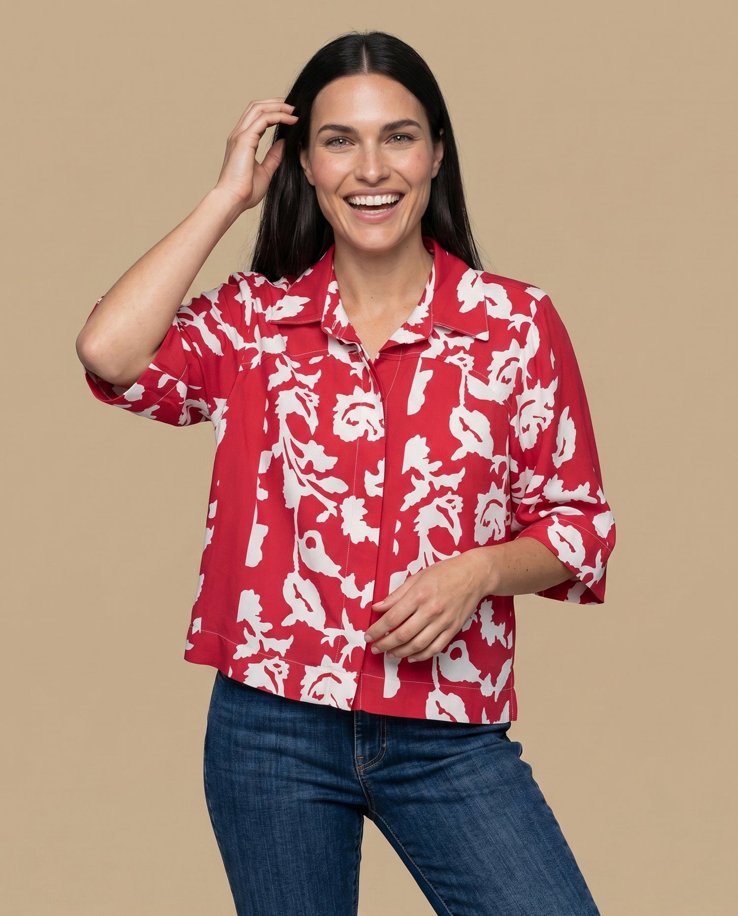 Camisa manga larga floral viscosa - Rojo