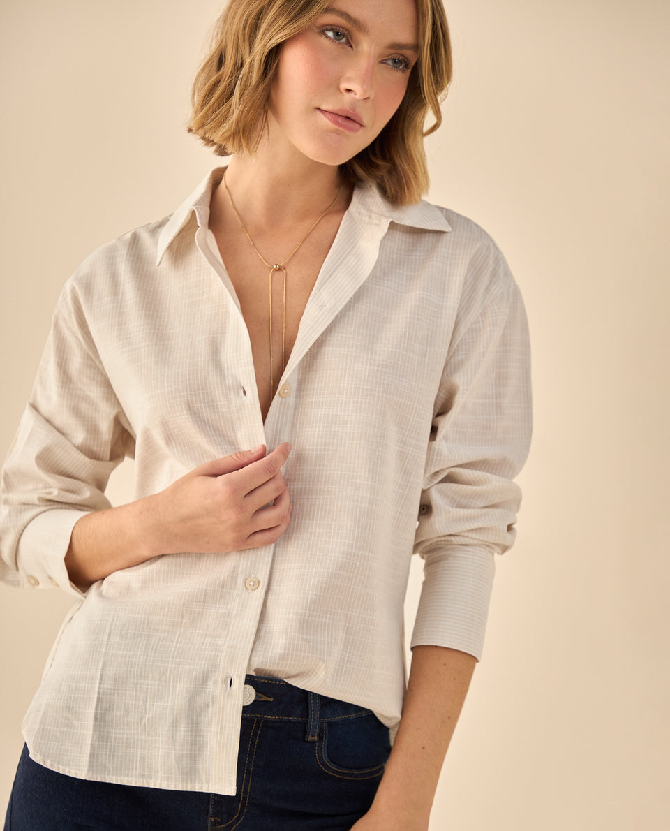 Camisa con Textura Cuadriculada Manga Larga - Beige 34_913G003_BEI130607_6
