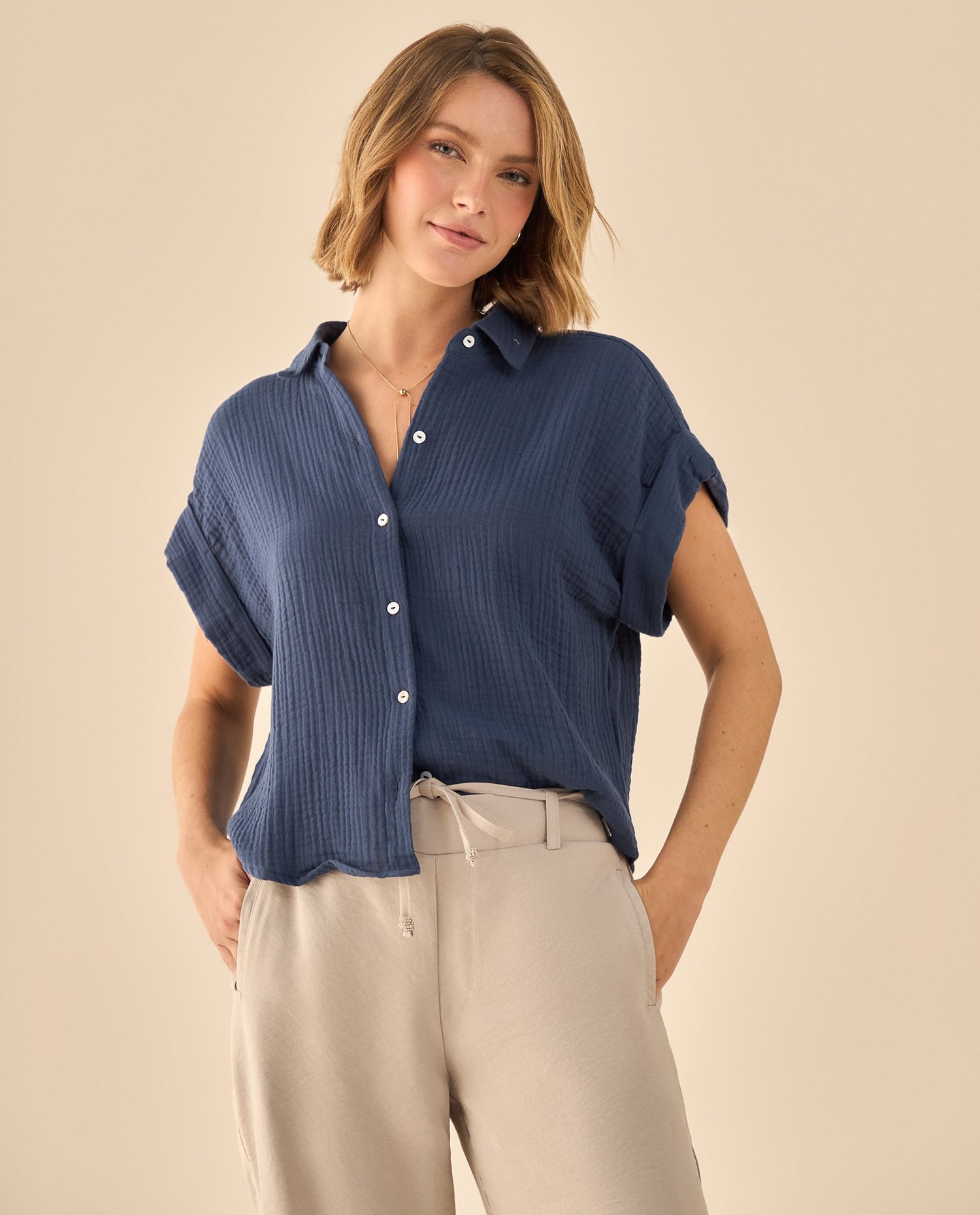 Camisa con Textura Acanalada - Azul