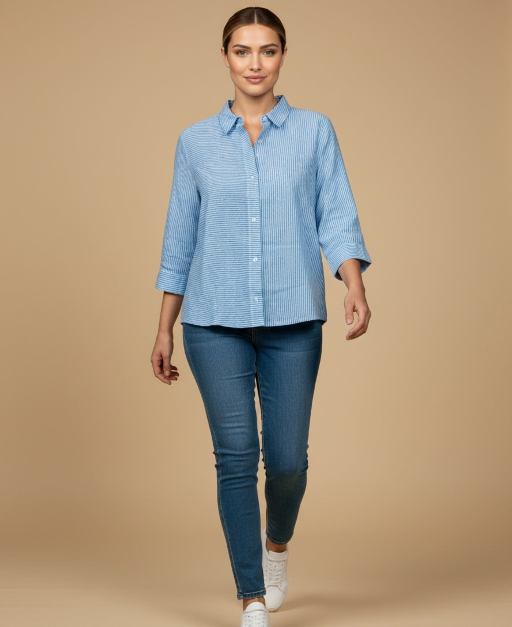 Camisa manga larga con rayas finas para mujer - Azul 34_913G322_AZU144123_0