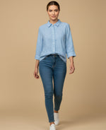 Camisa manga larga con rayas finas para mujer - Azul