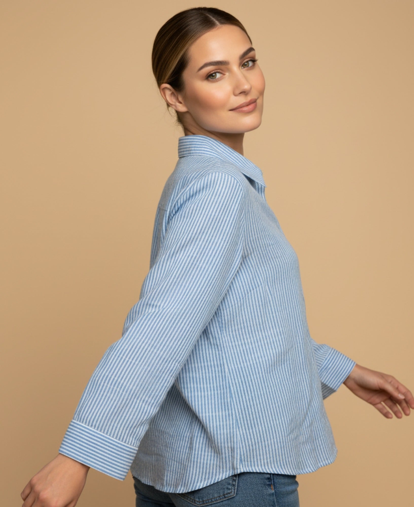 Camisa manga larga con rayas finas para mujer - Azul 34_913G322_AZU144123_2