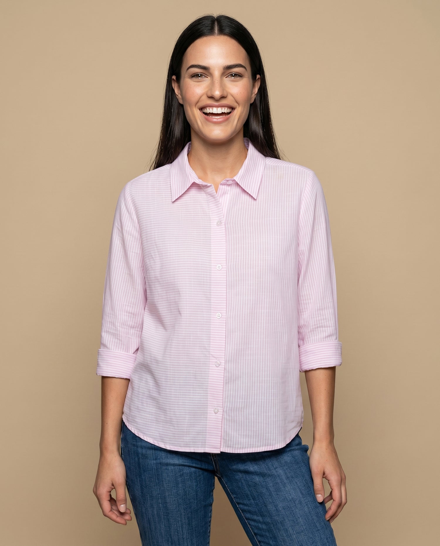 Camisa manga larga con rayas finas para mujer - Rosa