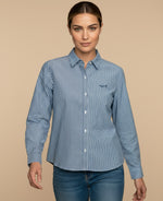 Camisa manga larga con paneles contrastantes para mujer - Azul