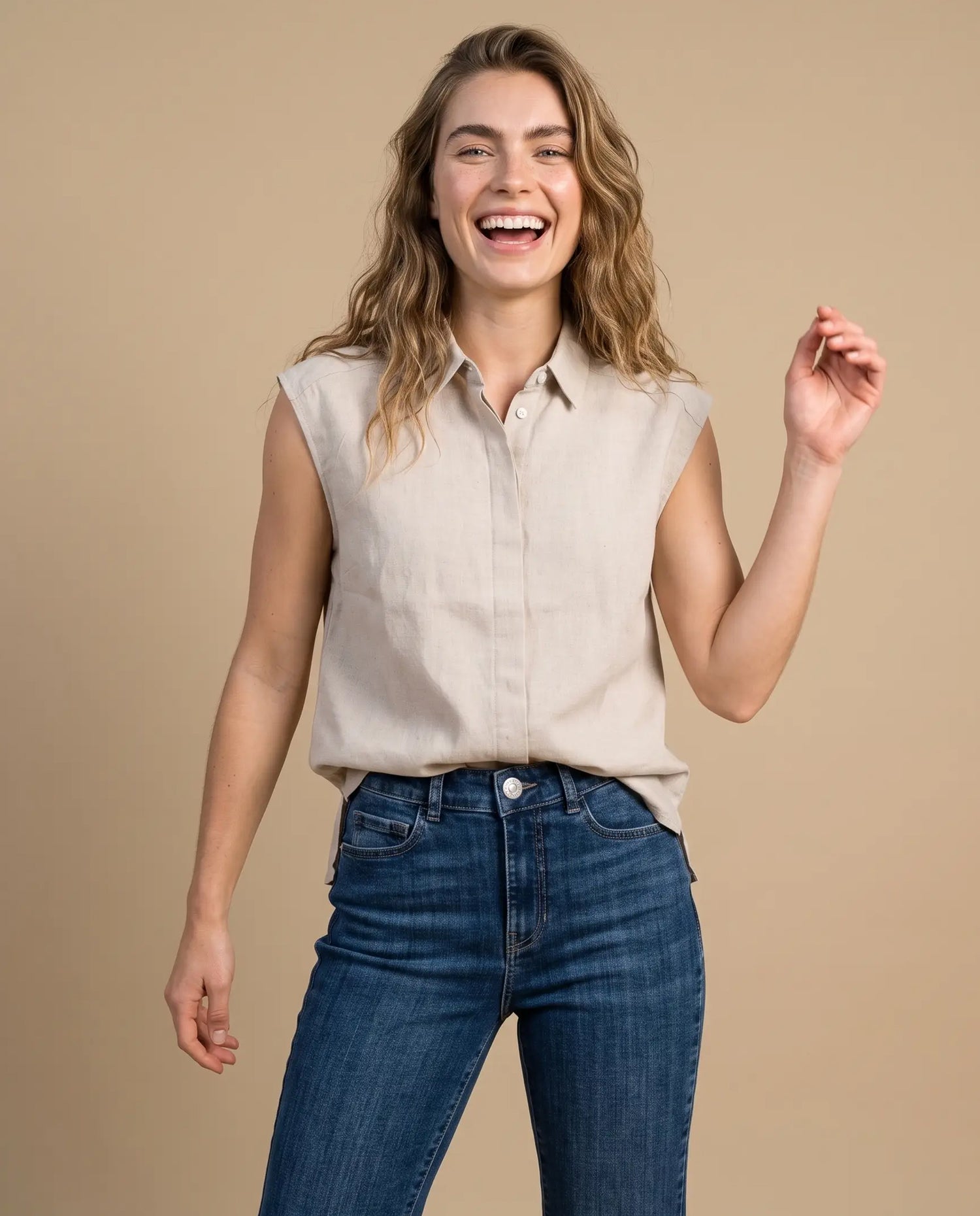 Camisa lino viscosa manga sisa - Beige