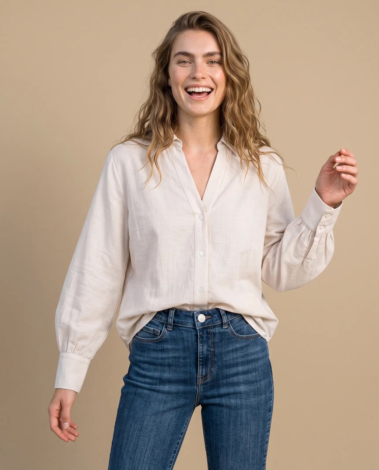 Camisa manga larga algodón clásica - Beige 34_913H009_BEI161406_0