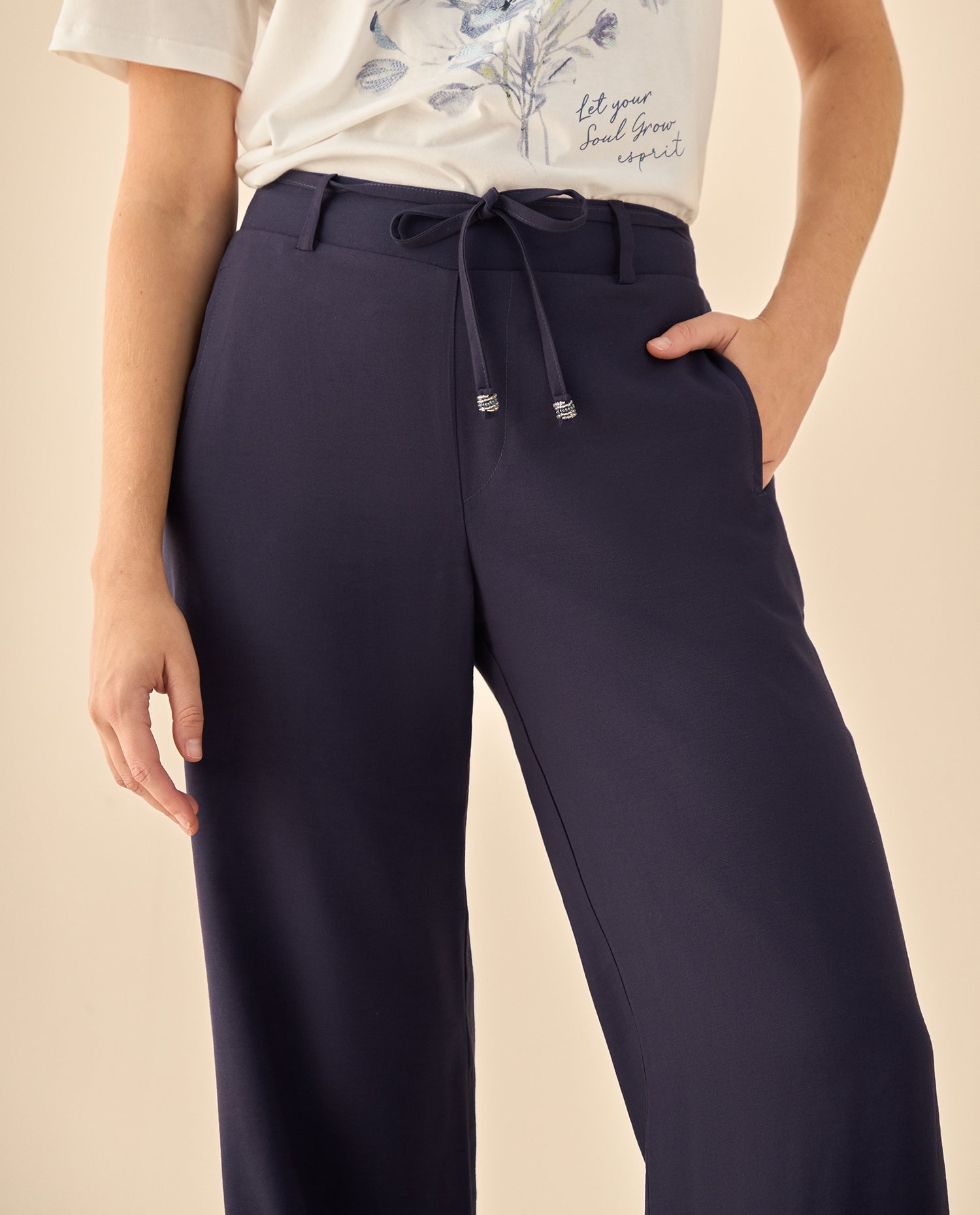 Pantalón Wide Leg con Cordón Ajustable - Azul