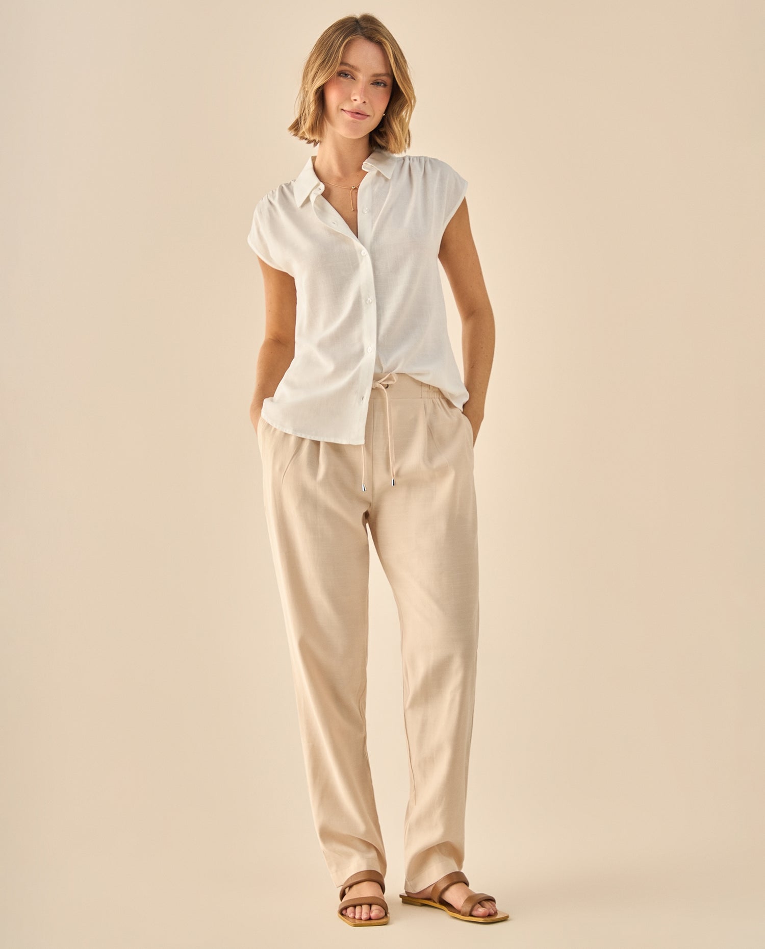 Pantalón Fluido con Cordón Ajustable - Beige