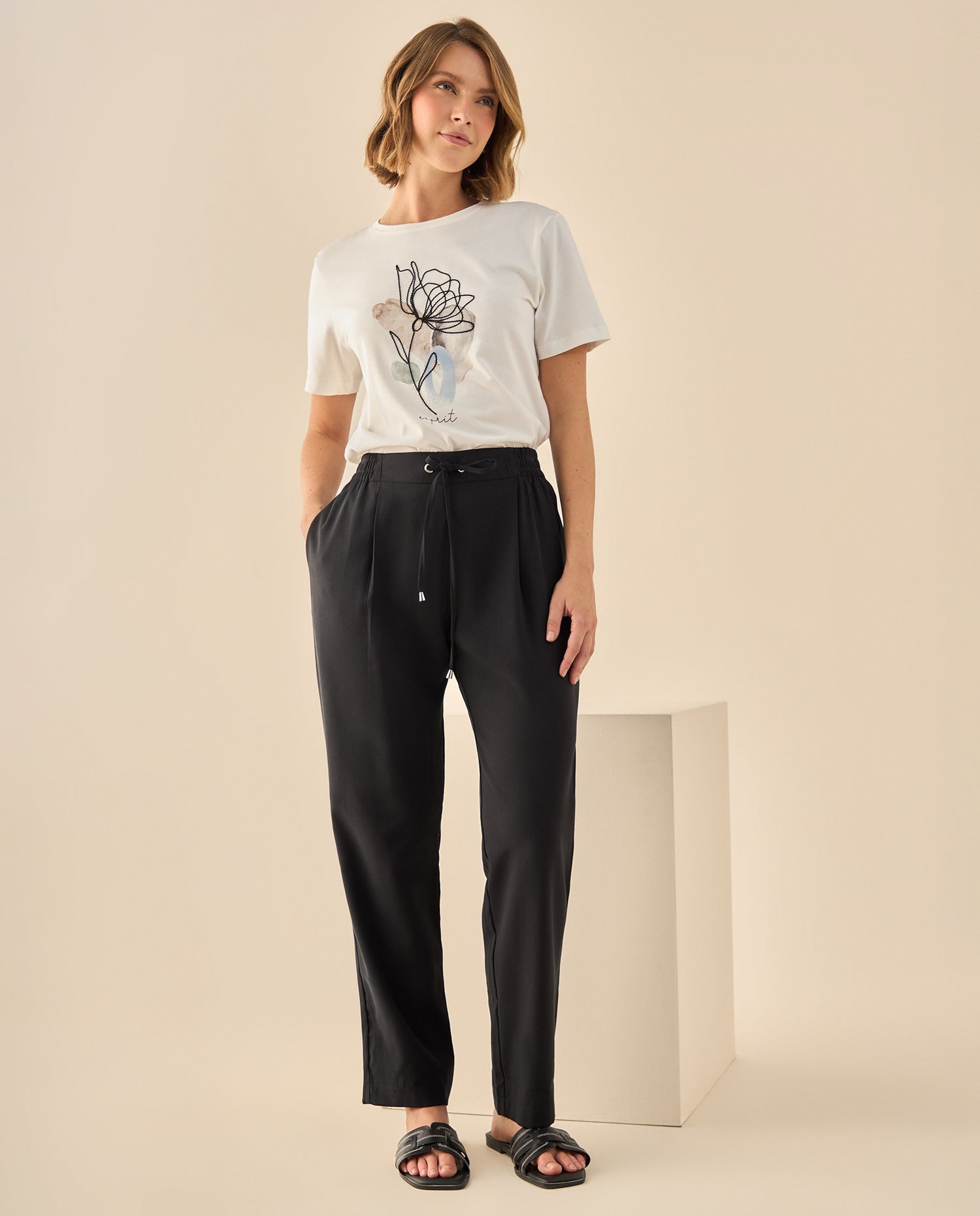 Pantalón de Cintura Alta con Cordón - Negro