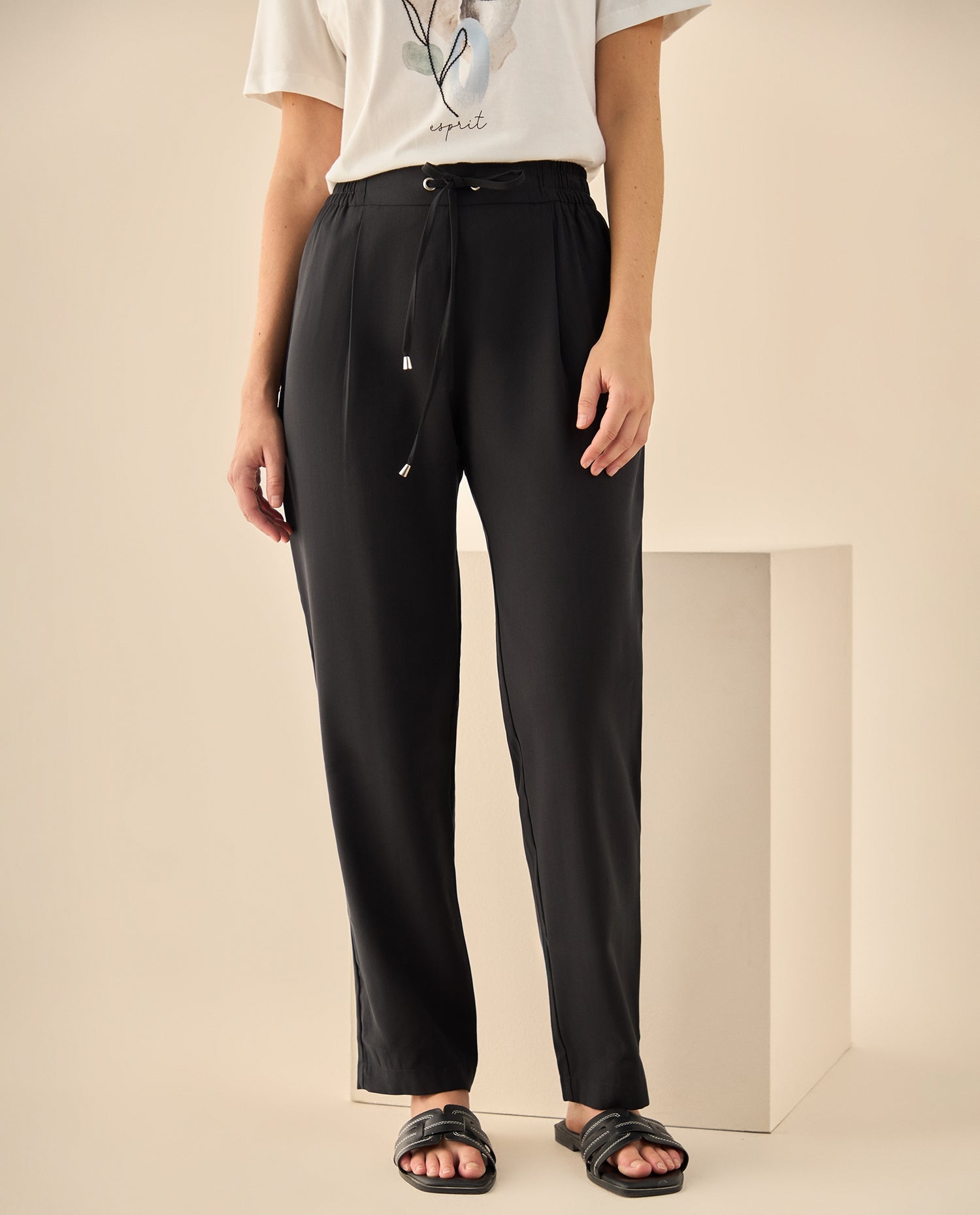 Pantalón de Cintura Alta con Cordón - Negro