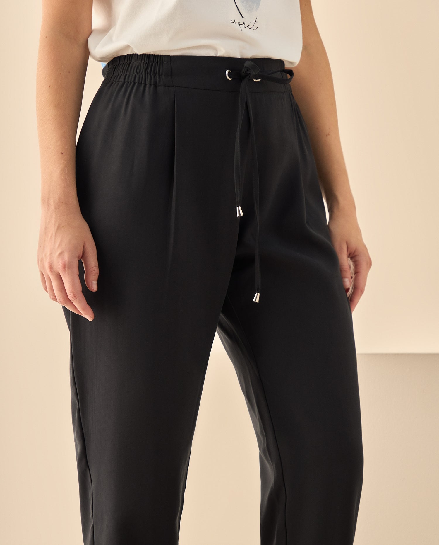Pantalón de Cintura Alta con Cordón - Negro