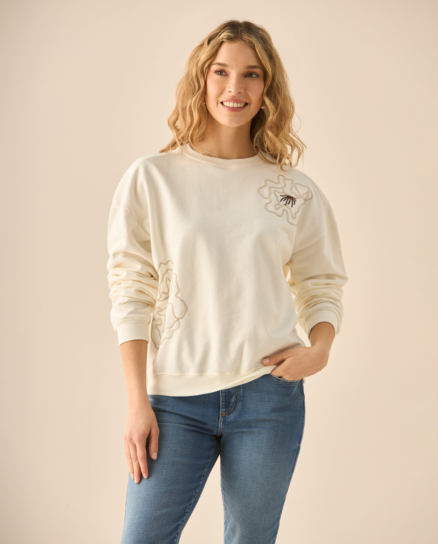 Buzo con lentejuelas para mujer - Crudo